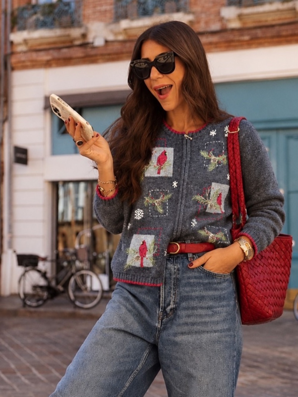 Croft & Barrow Petite M Cardinal Christmas Embroidered Zip Cardigan